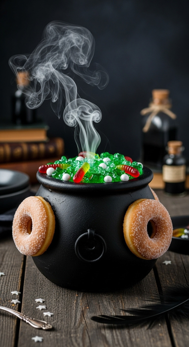 Bubbling Cauldron Chocolate Cake With Green Goo Gummy Worms And Dry Ice Smoke On A Dark Wooden Table