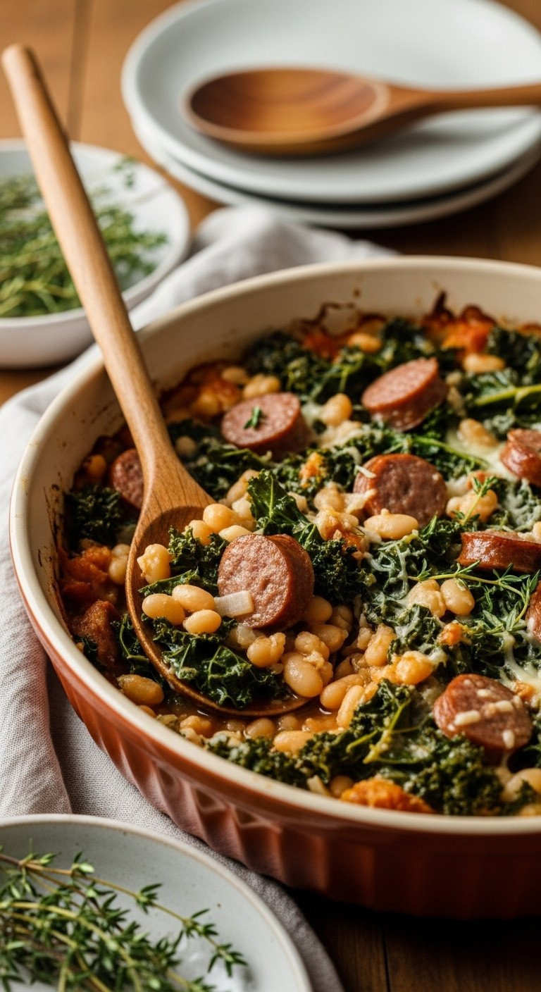 Bubbling Sausage, Kale, White Bean Casserole With Browned Sausage, Green Kale, White Beans, And Cheesy Sauce In A Vintage Dish.