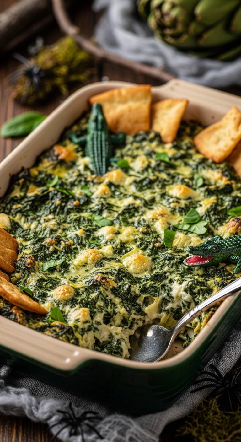 Bubbling Swampy Spinach Artichoke Dip With Toy Alligators In A Rustic Green Dish, With Pita Chips And Spiderweb; Spooky Halloween Treat.