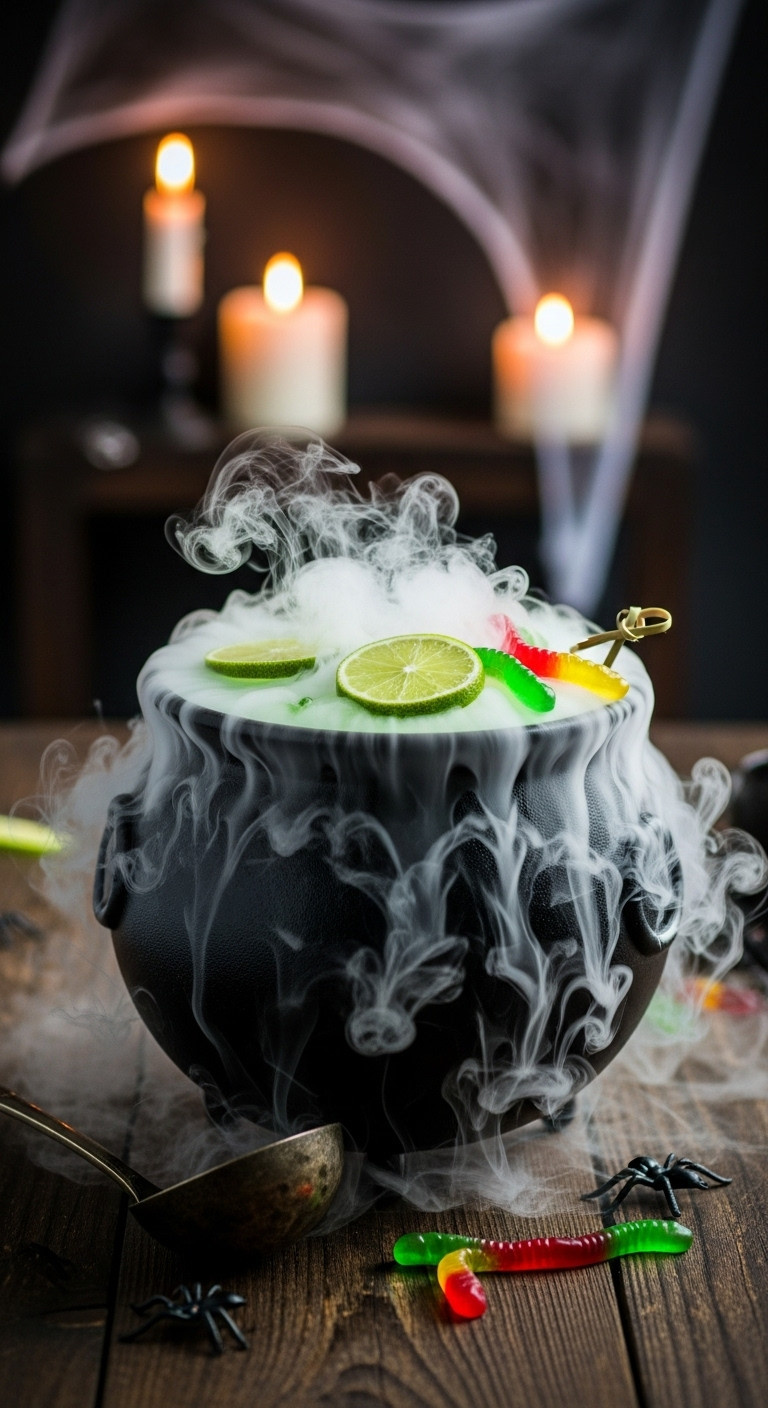 Bubbling Witches Brew Limeade Punch With Dry Ice Smoke Lime Slices And Gummy Worms In A Black Cauldron