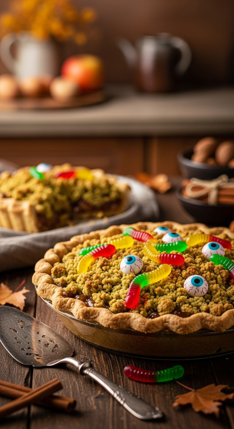 Bubbling Witch's Brew Apple Crumble Pie With Gummy Worms, Candy Eyeballs, Green-Tinged Topping, Rustic Table.