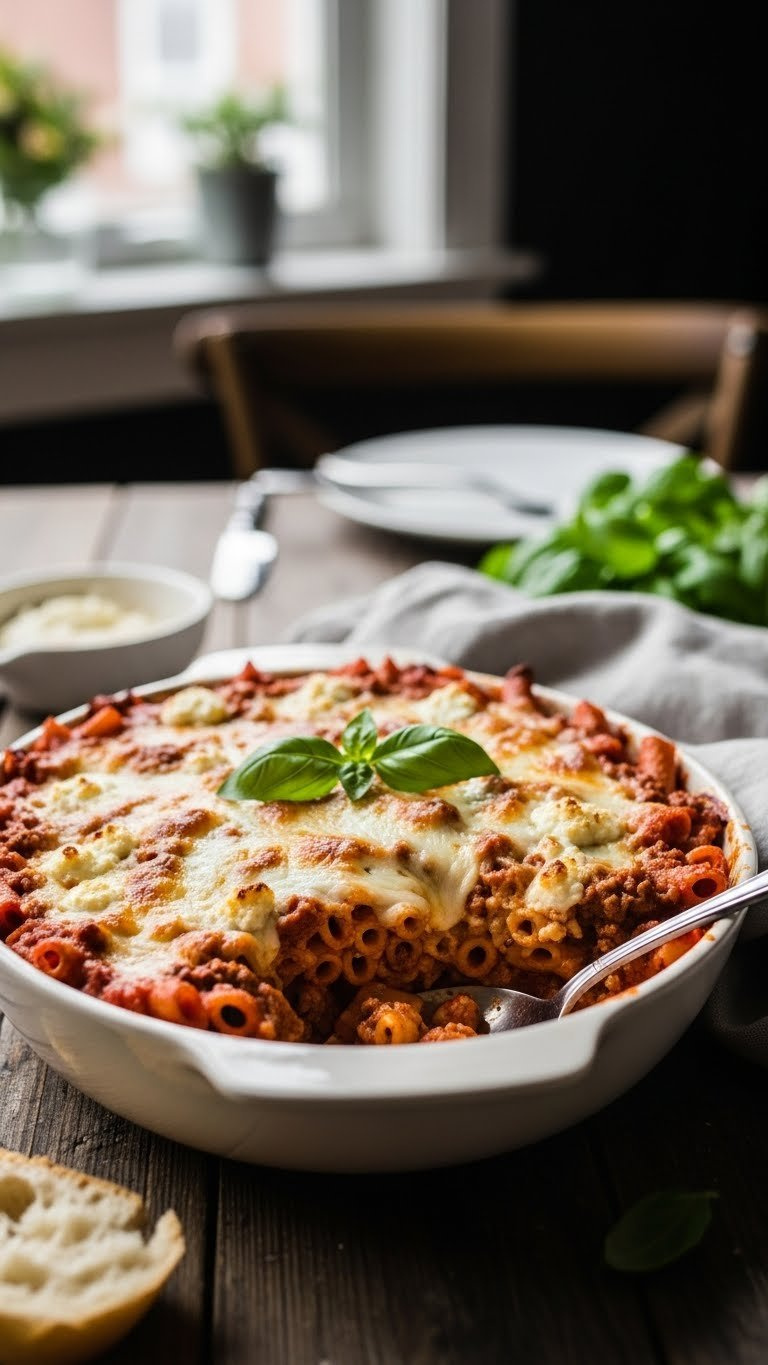 Bubbling Baked Ziti Pasta With Rich Meat Sauce And Golden Melted Cheese Topping In Rustic Casserole Dish