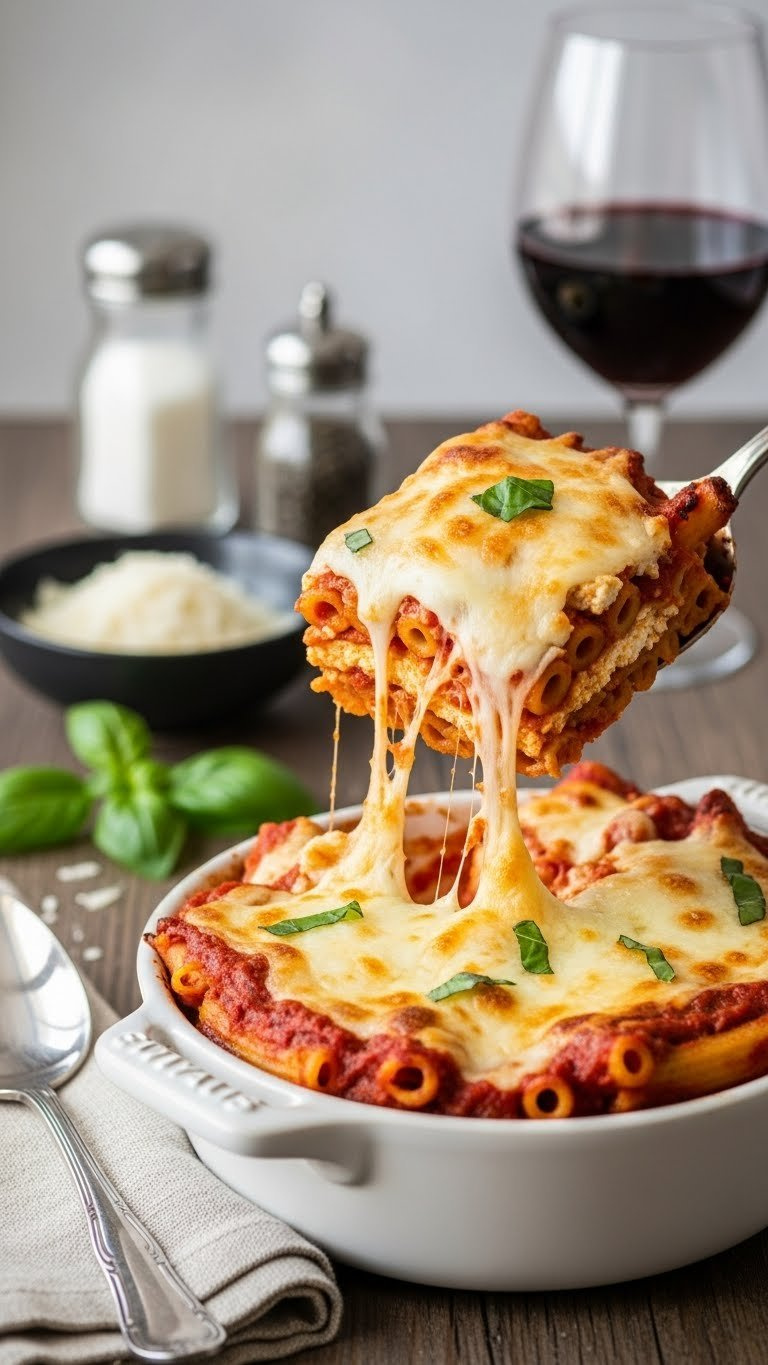 Bubbling Baked Ziti With Melted Mozzarella And Ricotta Cheese In White Ceramic Baking Dish
