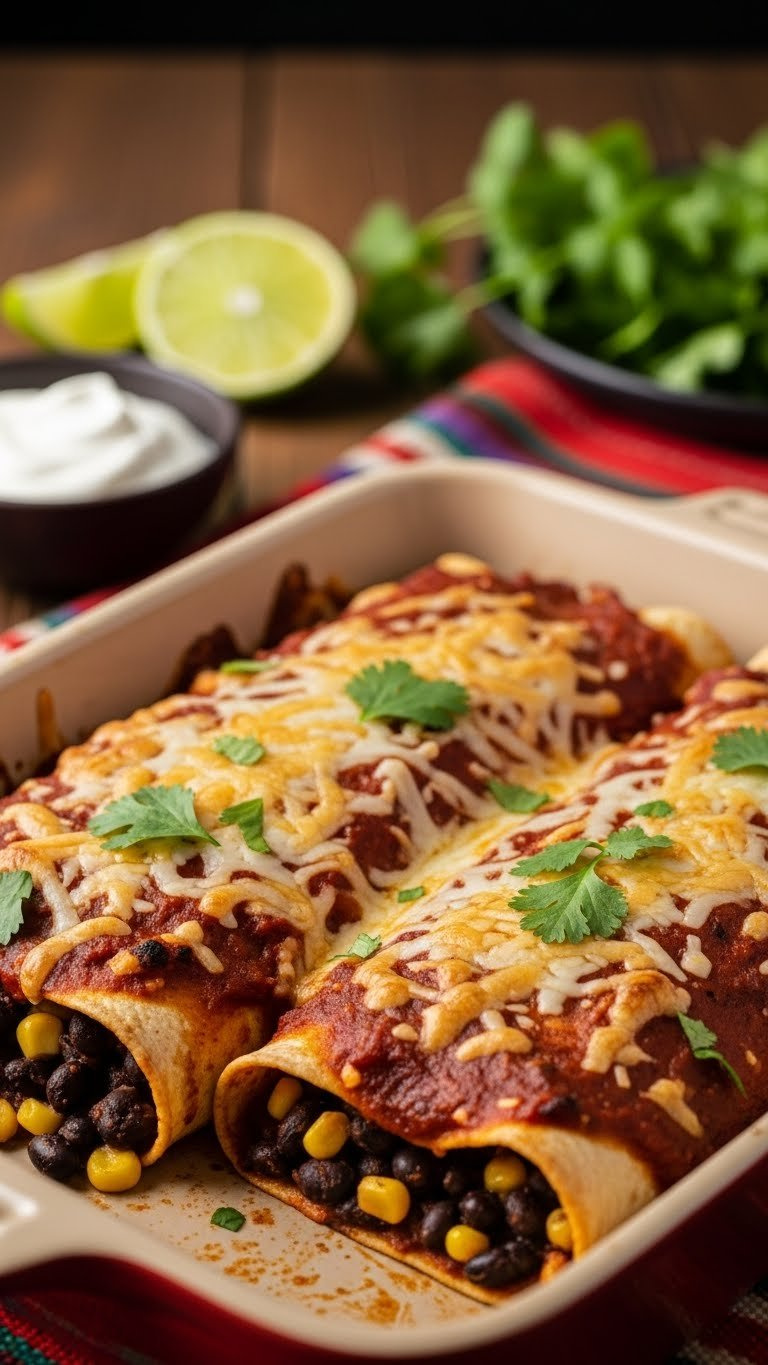 Bubbling Black Bean And Corn Enchiladas Smothered In Red Sauce And Melted Monterey Jack Cheese