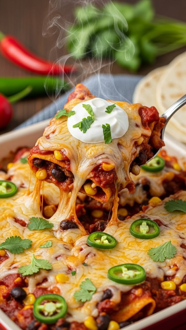 Bubbling Black Bean Enchilada Casserole With Melted Cheese, Corn, And Green Chilies In A Rustic Ceramic Baking Dish From Oven.