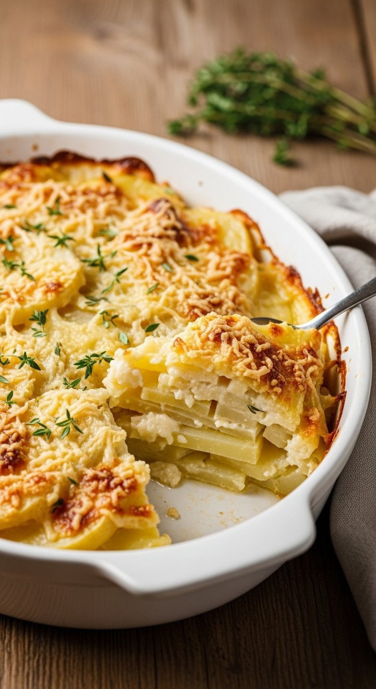 Bubbling Celeriac And Potato Gratin With Creamy Layers And Crisp Golden Cheese Crust, Garnished With Thyme.