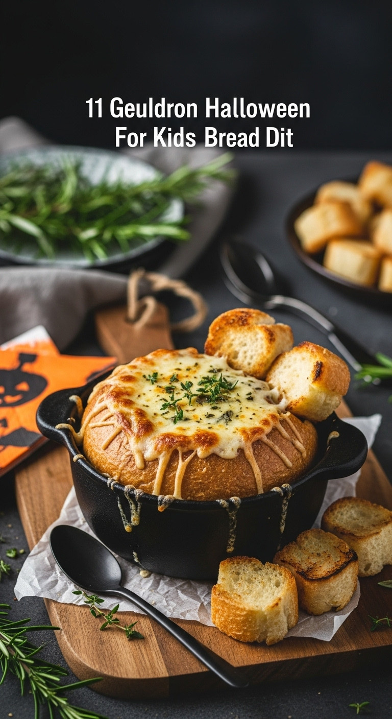 Bubbling Cheesy Bread Dip In A Cauldron With Toasted Bread Pieces On A Rustic Board, For A Cozy Halloween Appetizer.