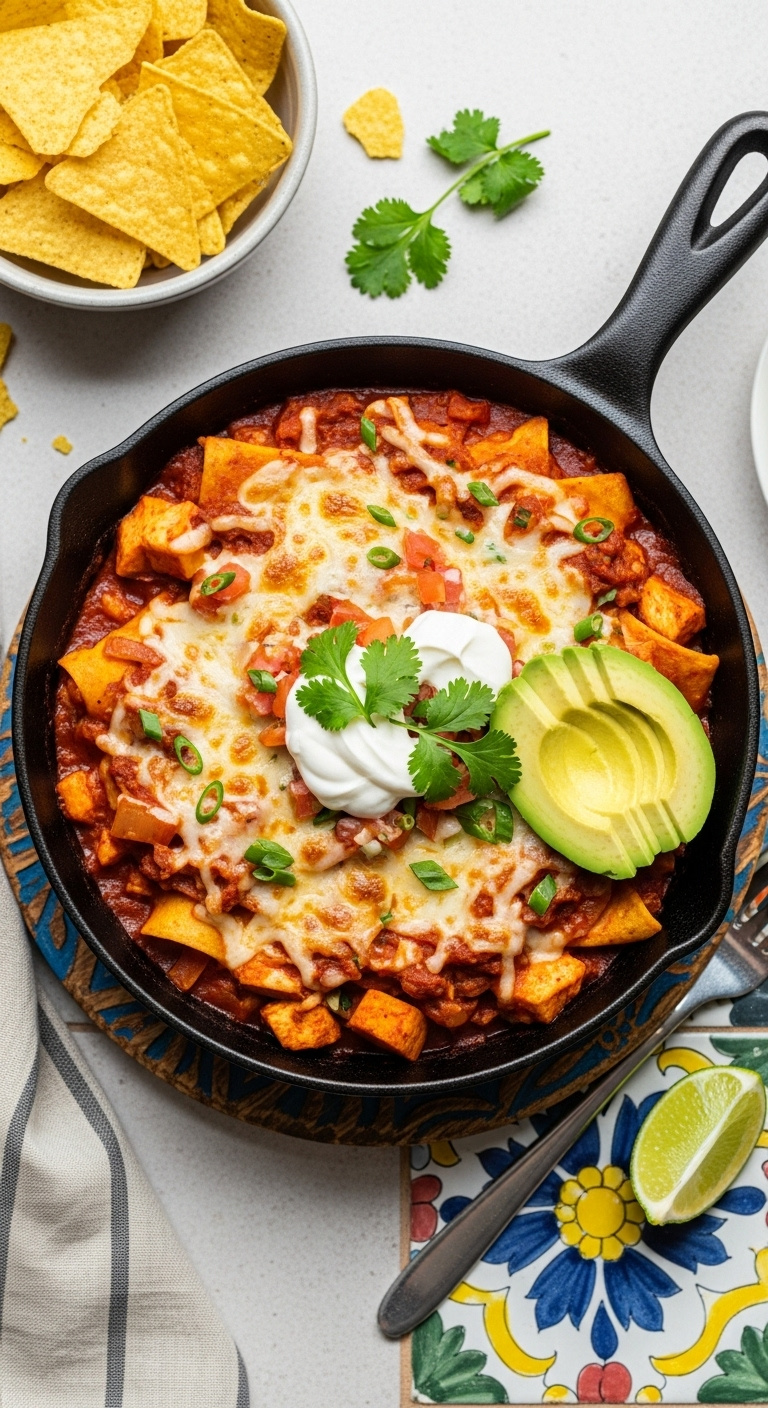 Bubbling Chicken And Sweet Potato Enchilada Skillet With Melted Cheese, Sour Cream, Avocado, And Cilantro On A Colorful Tile Surface In Bright Studio Light