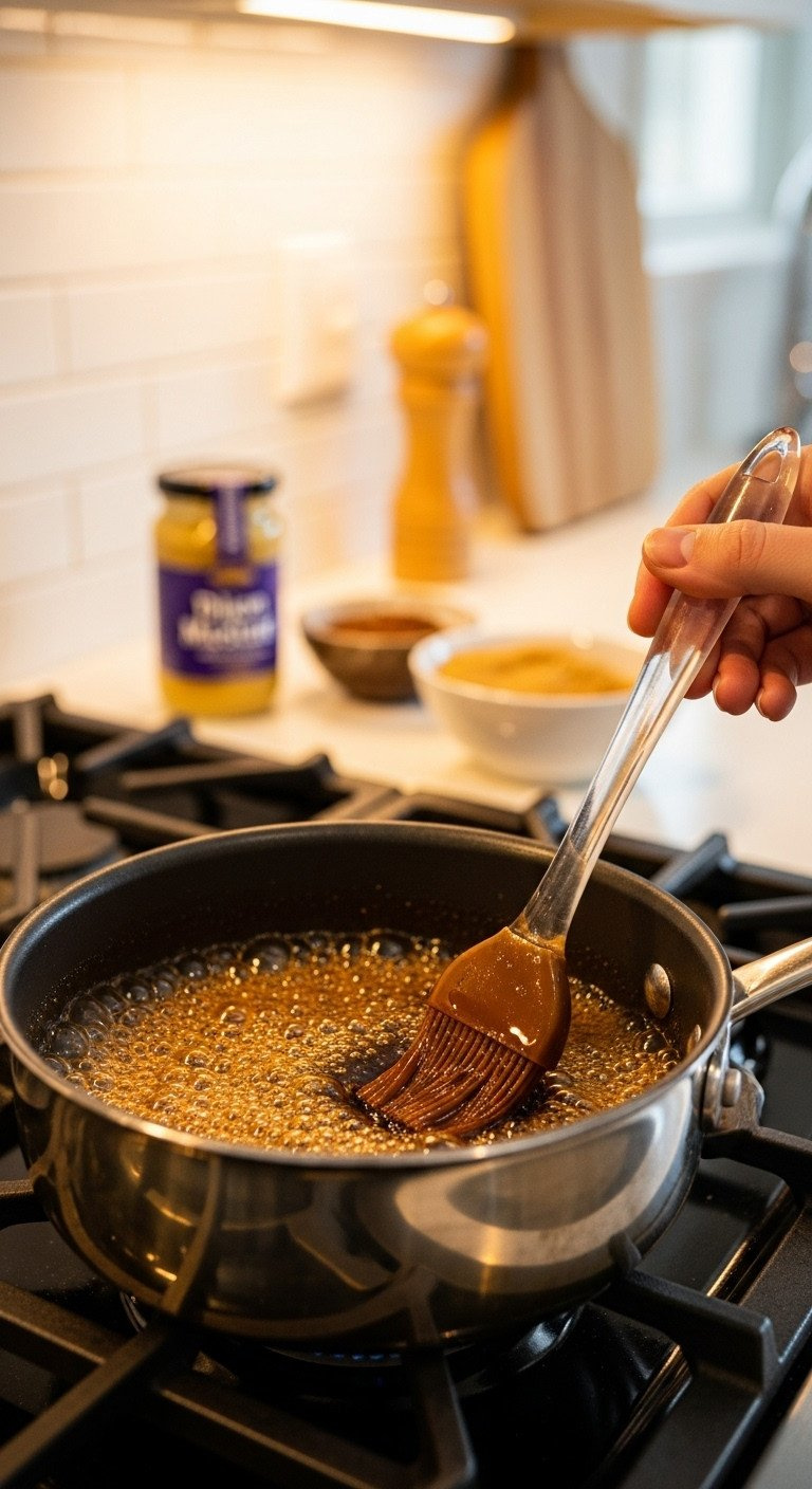 Bubbling Dark Amber Brown Sugar Glaze Simmers In A Saucepan, Stirred With A Silicone Brush For Holiday Ham, With Mustard &Amp; Brown Sugar.