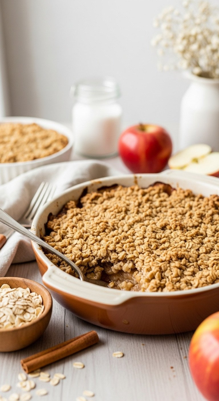 Bubbling Gluten-Free Apple Crisp In Ceramic Dish. Golden Oat Topping, Syrupy Apples. Gf Oats, Cinnamon Stick. Fall Dessert Recipe.