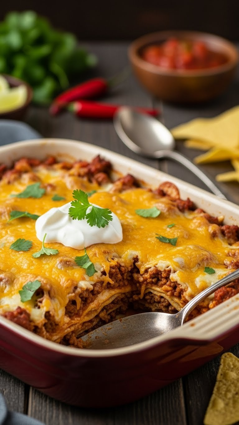 Bubbling Gluten-Free Taco Casserole With Melted Cheese, Sour Cream And Cilantro In Rustic Ceramic Dish