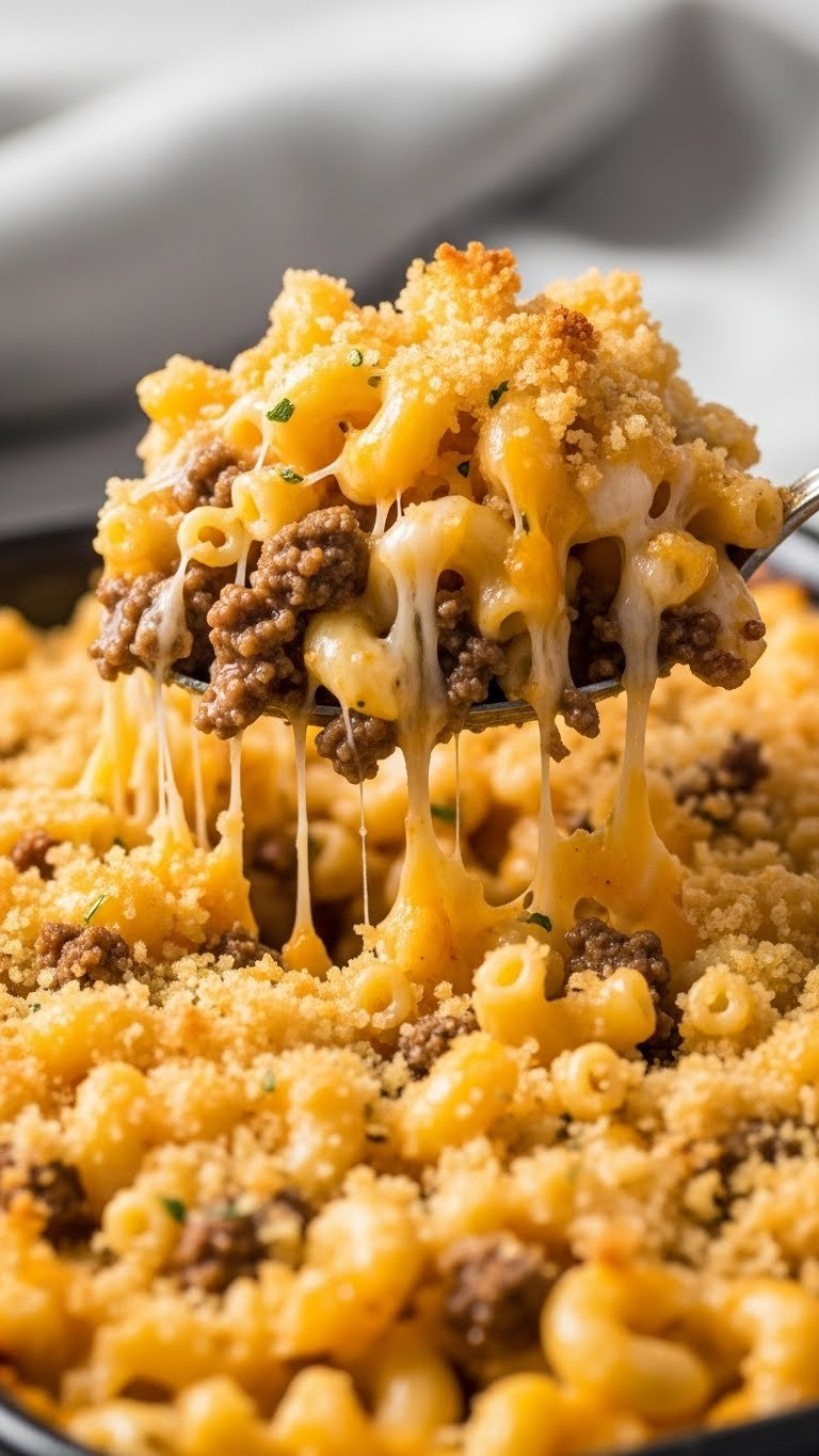 Bubbling Golden-Brown Baked Mac And Cheese Casserole With Crispy Breadcrumbs And Ground Beef
