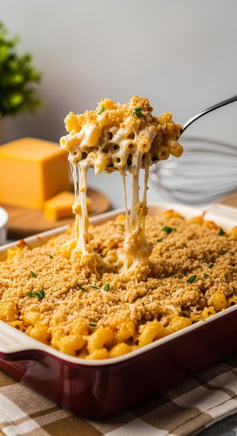 Bubbling Golden-Brown Baked Macaroni And Cheese With A Crunchy Topping, A Spoonful Lifts, Revealing Cheesy Pasta.