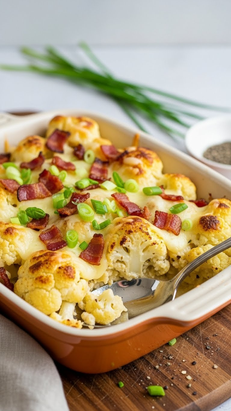 Bubbling Golden-Brown Loaded Cauliflower Bake Topped With Crispy Bacon Bits, Melted Cheese, And Fresh Green Onions
