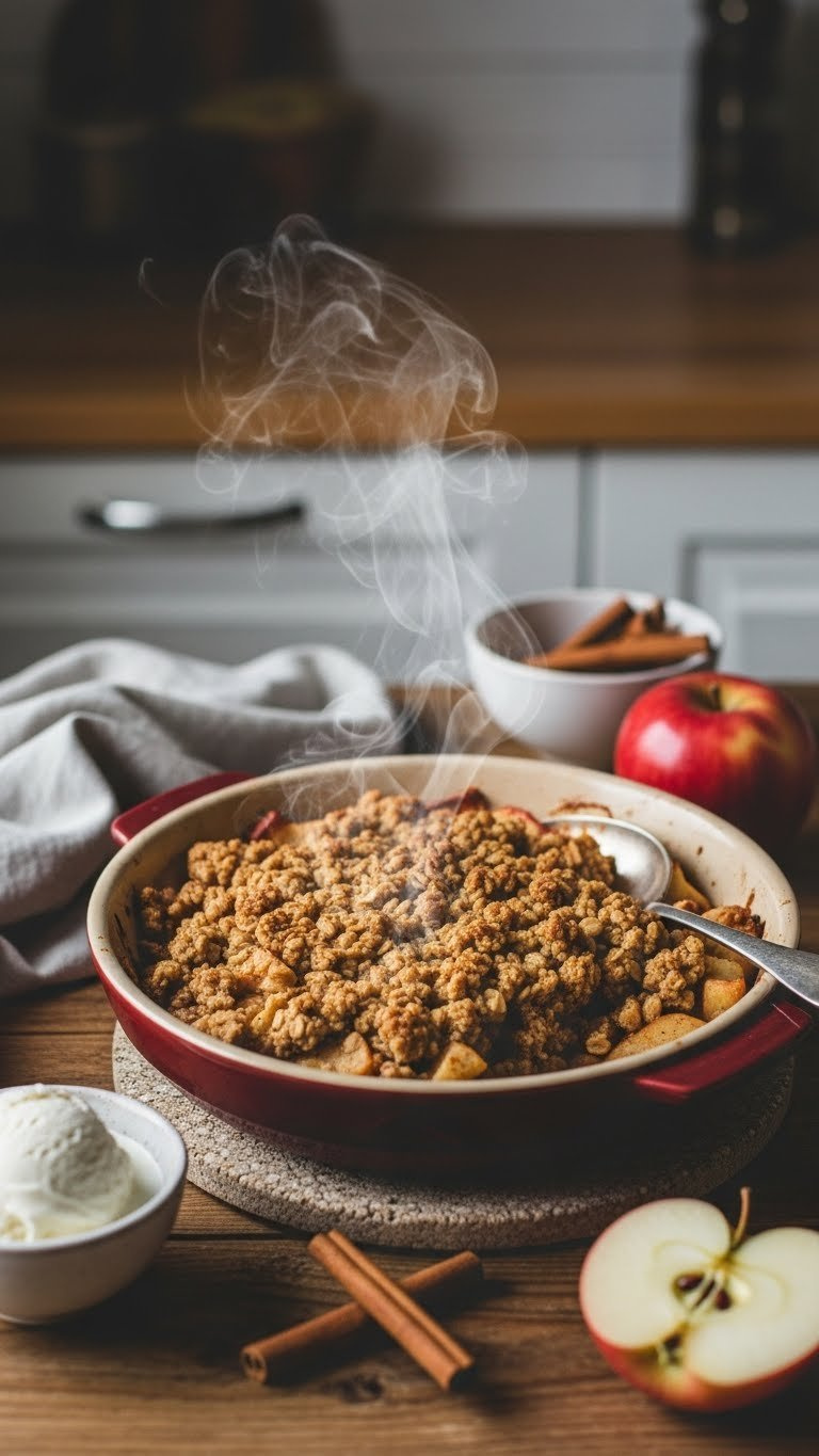 Bubbling Golden-Brown Spiced Apple And Oat Crumble In Ceramic Baking Dish With Rustic Background