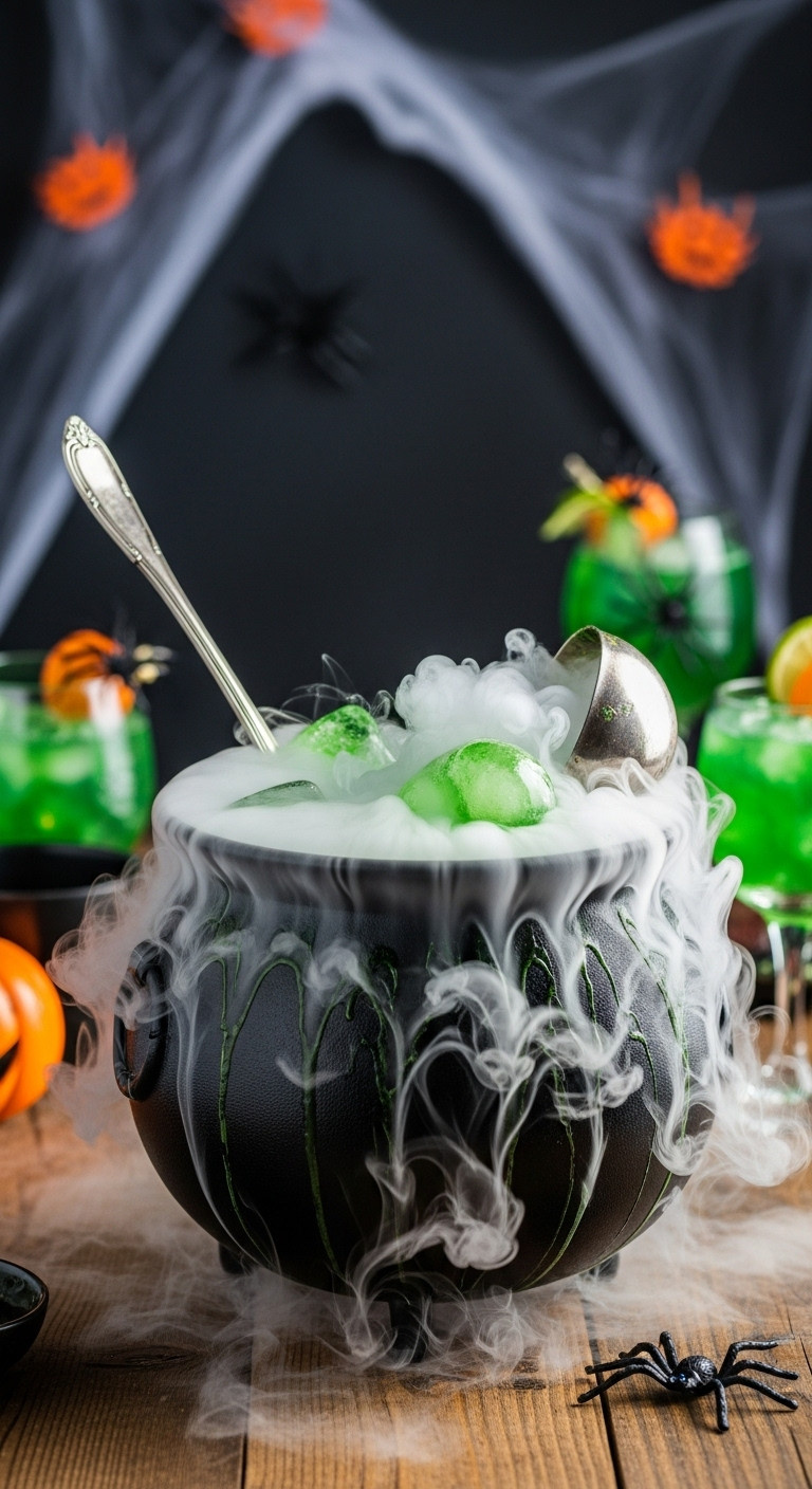 Bubbling Green Halloween Jungle Juice With Dry Ice Smoke In A Black Cauldron Punch Bowl Perfect For Spooky Party Recipes