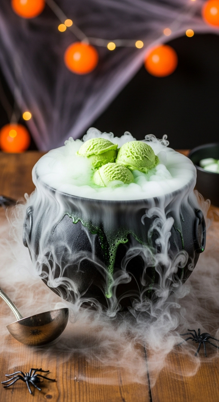 Bubbling Green Witch's Brew Punch With Dry Ice Fog And Lime Sherbet In A Black Cauldron On A Rustic Wooden Table