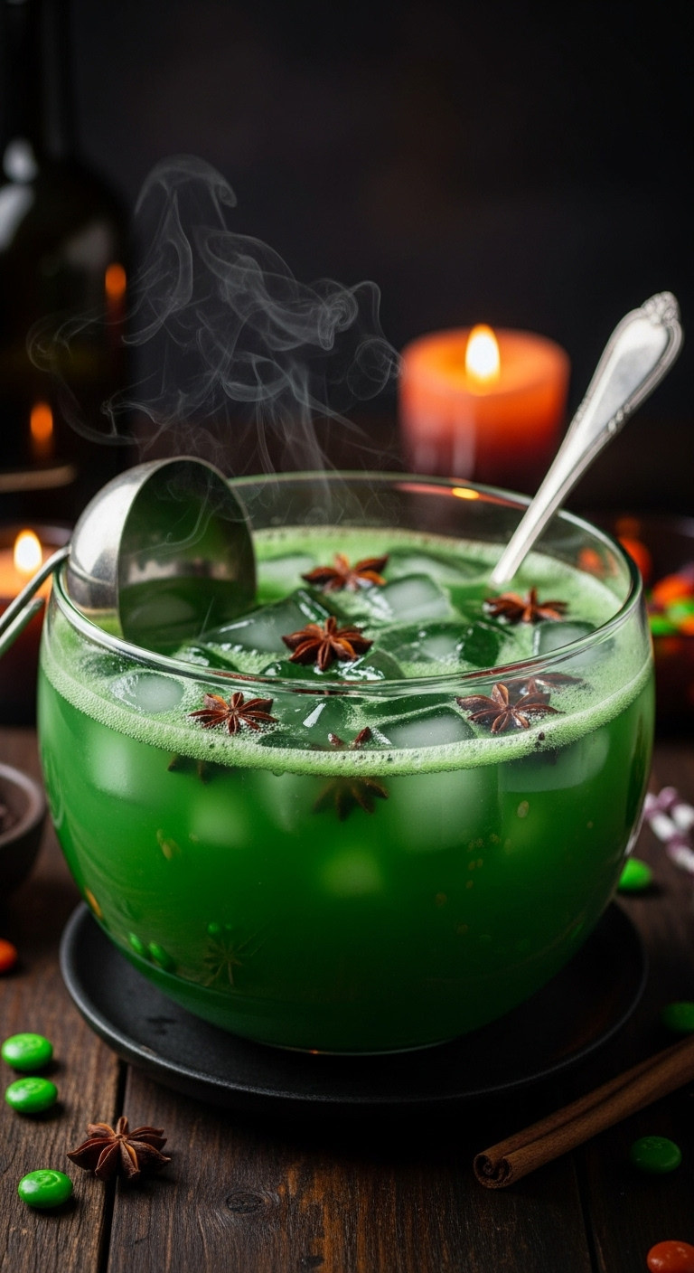Bubbling Green Witch's Brew Punch With Star Anise And Dry Ice On A Dark Rustic Table At A Dimly Lit Halloween Party