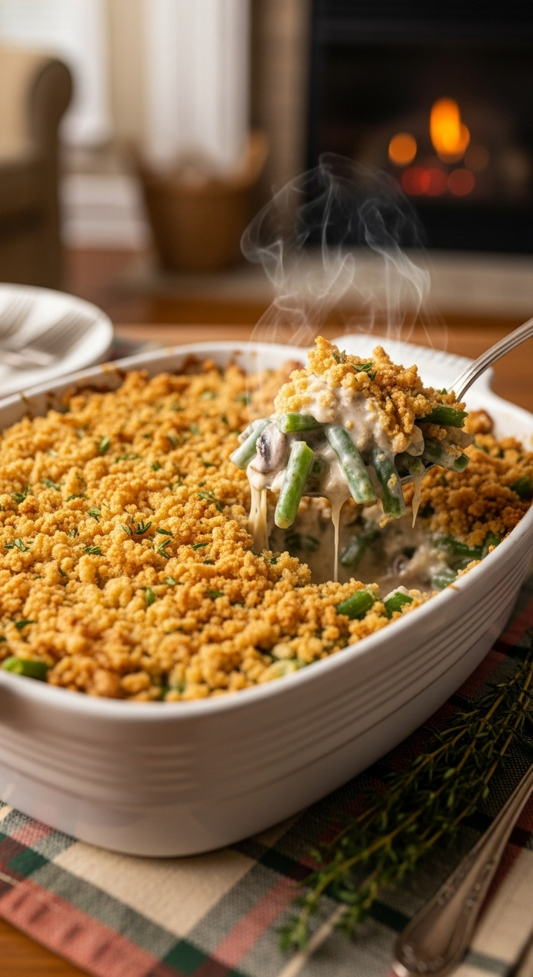 Bubbling Green Bean Casserole With Crispy Fried Onions In A White Dish On A Plaid Runner With A Serving Spoon And Thyme