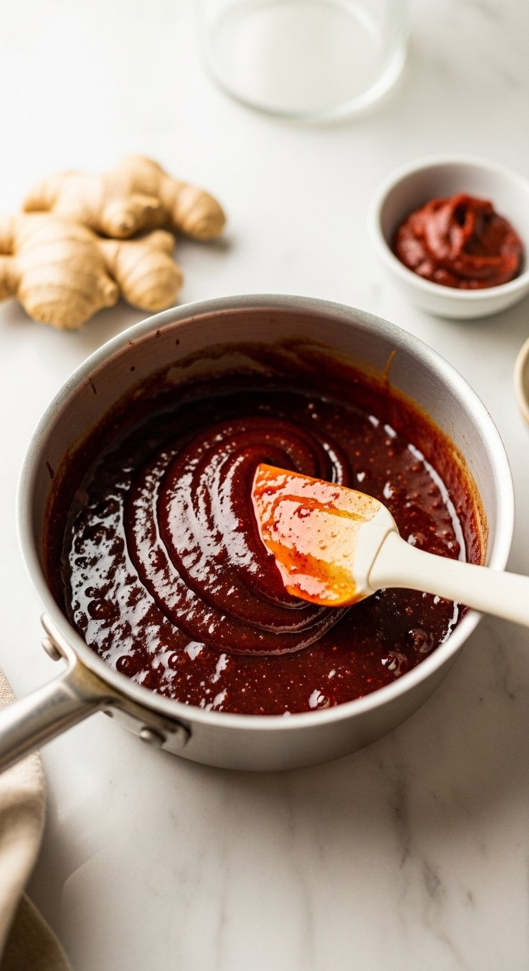 Bubbling Honey Gochujang Glaze Simmering In A Small Saucepan Stirred With A Silicone Spatula.