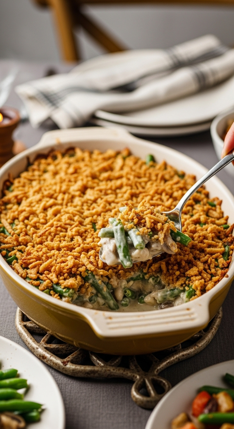 Bubbling Hot Creamy Vegan Green Bean Casserole With Crispy Golden Brown Fried Onions In An Oval Baking Dish