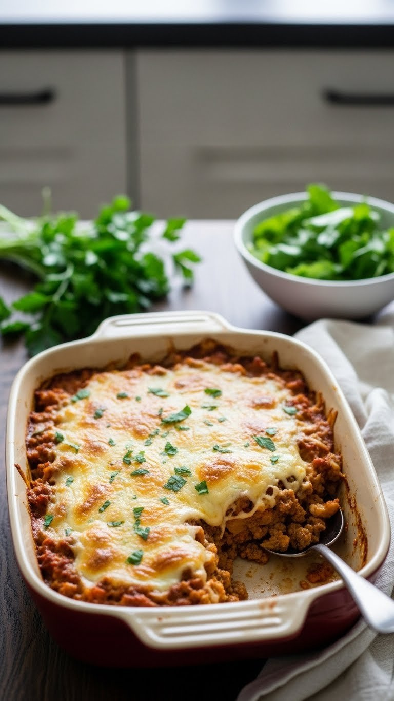 Bubbling Keto Cheesy Ground Beef Casserole In Rustic Ceramic Dish With Melted Golden-Brown Cheese And Fresh Parsley Garnish