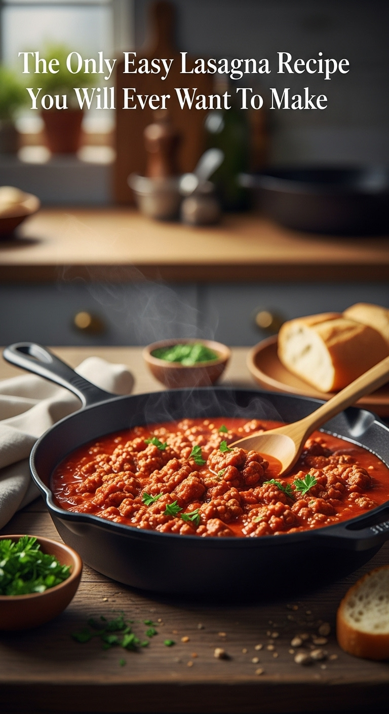 Bubbling Meat Sauce In A Cast-Iron Skillet With A Wooden Spoon And Fresh Parsley On A Rustic Wood Table