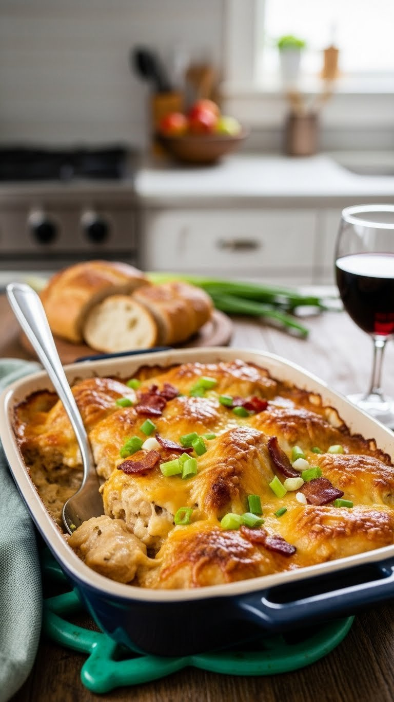 Bubbling Million Dollar Chicken Bake Casserole With Creamy Cheese Sauce, Bacon Bits, And Green Onions