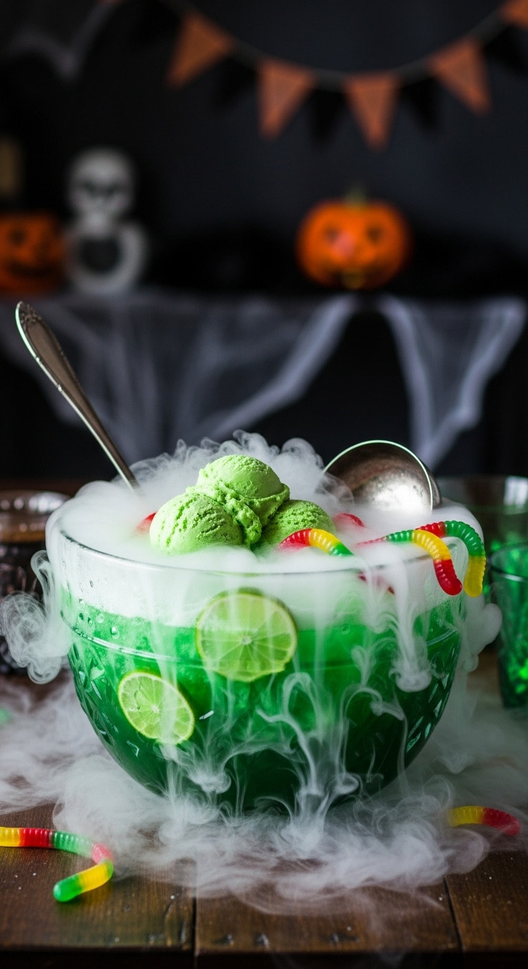 Bubbling Neon Green Witches' Brew Punch With Lime Sherbet, Gummy Worms, Spooky Dry Ice Fog. Perfect Halloween Party Drink.