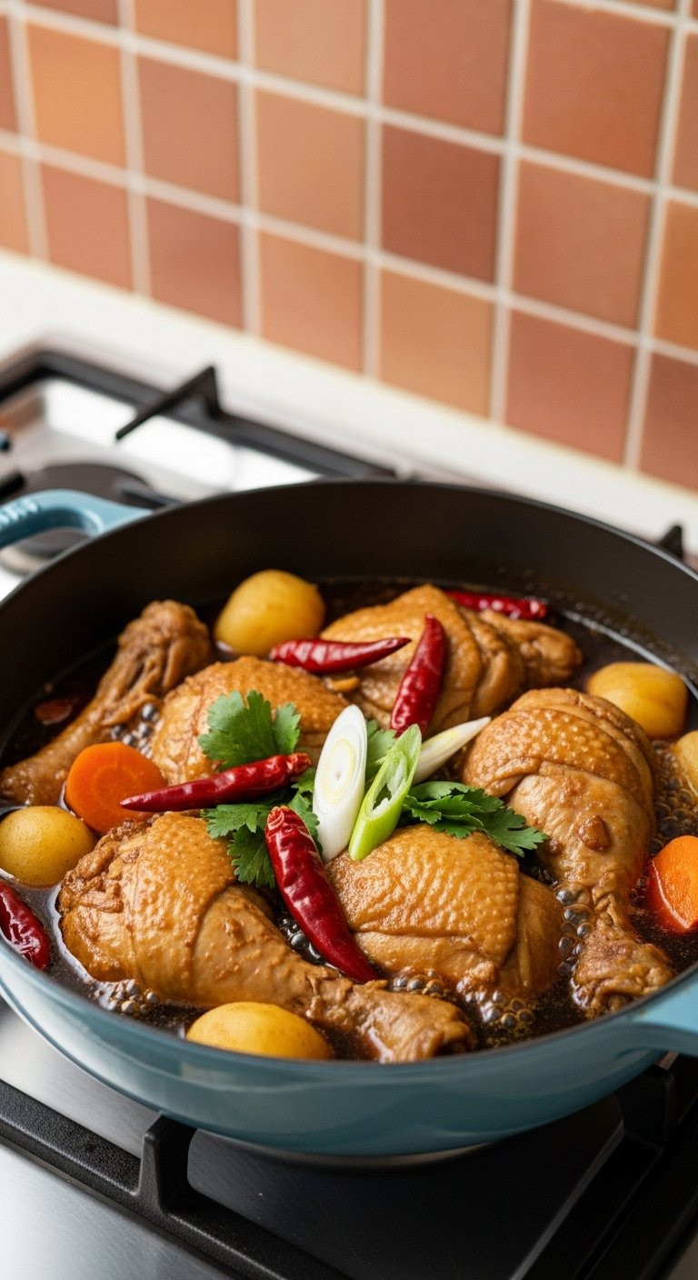 Bubbling Pot Of Korean Chicken Stew With Tender Meat And Vegetables In A Savory Dark Sauce.