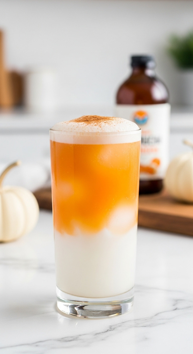 Bubbling Pumpkin Spice Kombucha Brew In A Highball Glass With Cinnamon On A Marble Countertop With A White Pumpkin