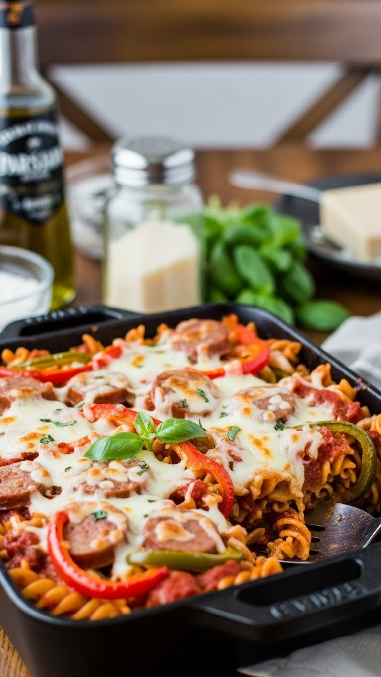 Bubbling Sausage And Pepper Pasta Casserole With Melted Mozzarella Cheese In Rustic Cast Iron Dish