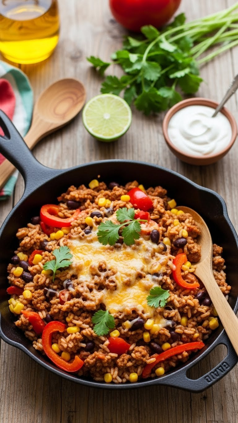 Bubbling Skillet Mexican Beef And Rice With Bell Peppers, Corn, Black Beans And Melted Cheese