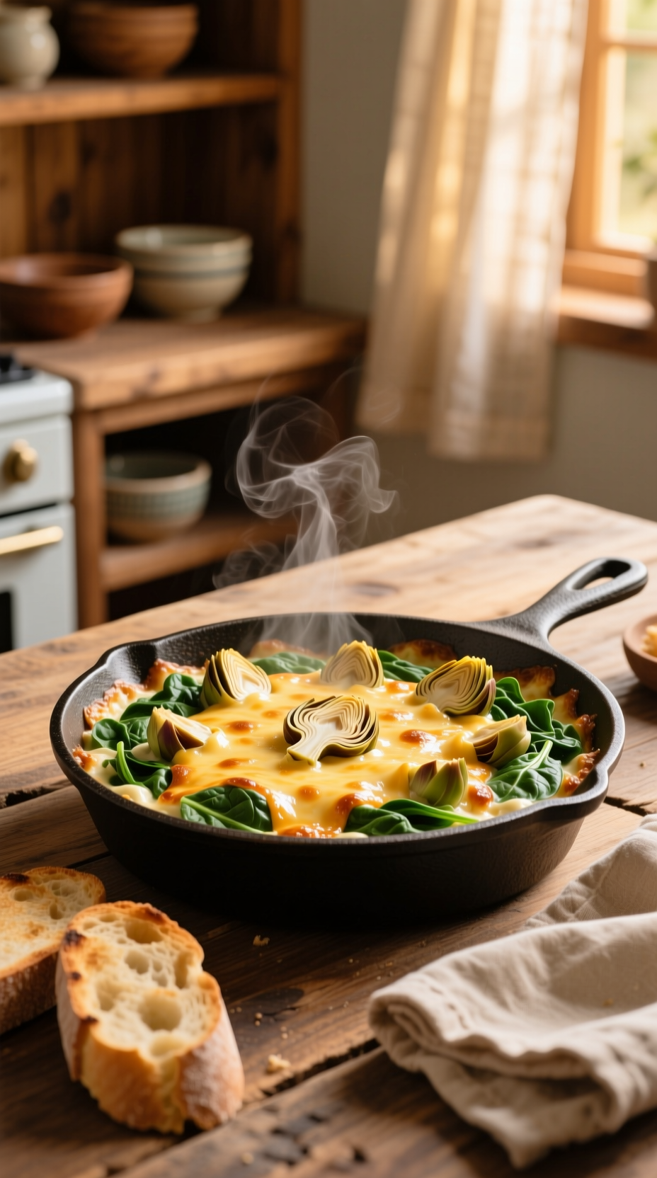 Bubbling Spinach Artichoke Dip, Golden Cheese, Artichoke Hearts, Fresh Spinach In A Rustic Skillet With Baguette.