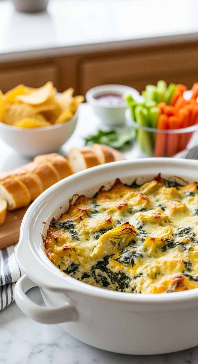 Bubbling Spinach Artichoke Dip In A White Slow Cooker, With Tortilla Chips And Baguette, Perfect Creamy Party Appetizer.