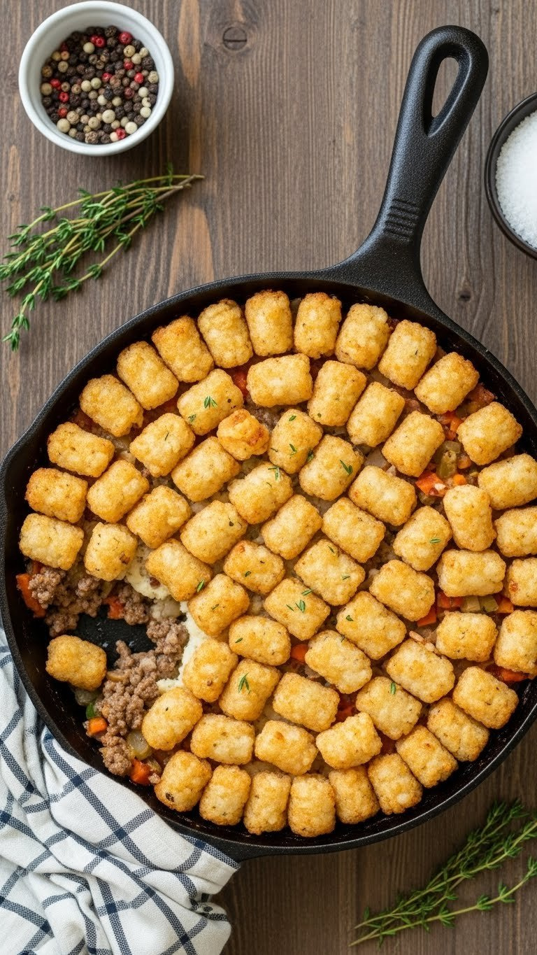 Bubbling Tater Tot Hotdish With Crispy Tots On Top And Savory Ground Beef In Cast Iron Skillet.