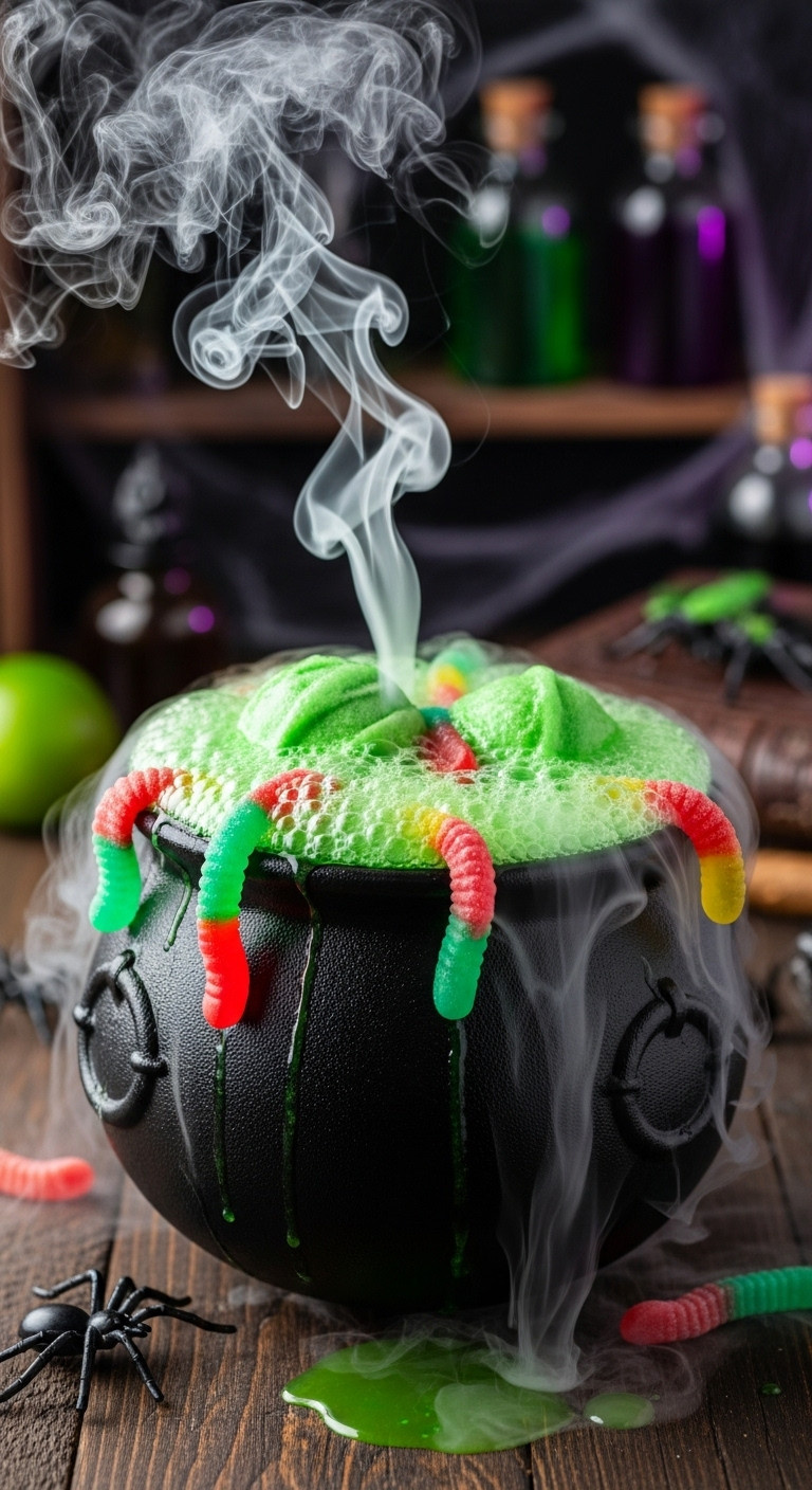 Bubbling Vibrant Green Witch's Brew Punch With Gummy Worms And Dry Ice Smoke Spilling From A Black Cauldron.