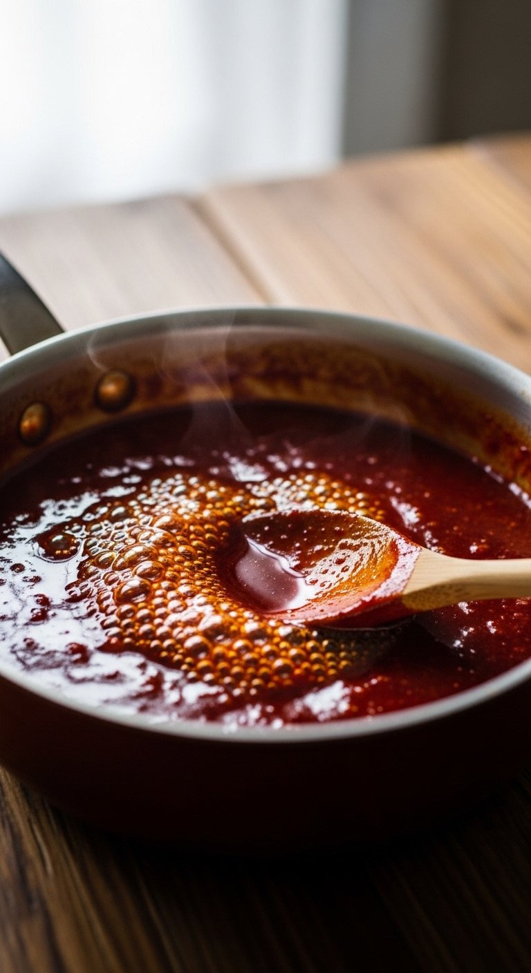 Bubbling Vibrant Red Gochujang Glaze Simmering In A Small Saucepan On A Rustic Wooden Table.
