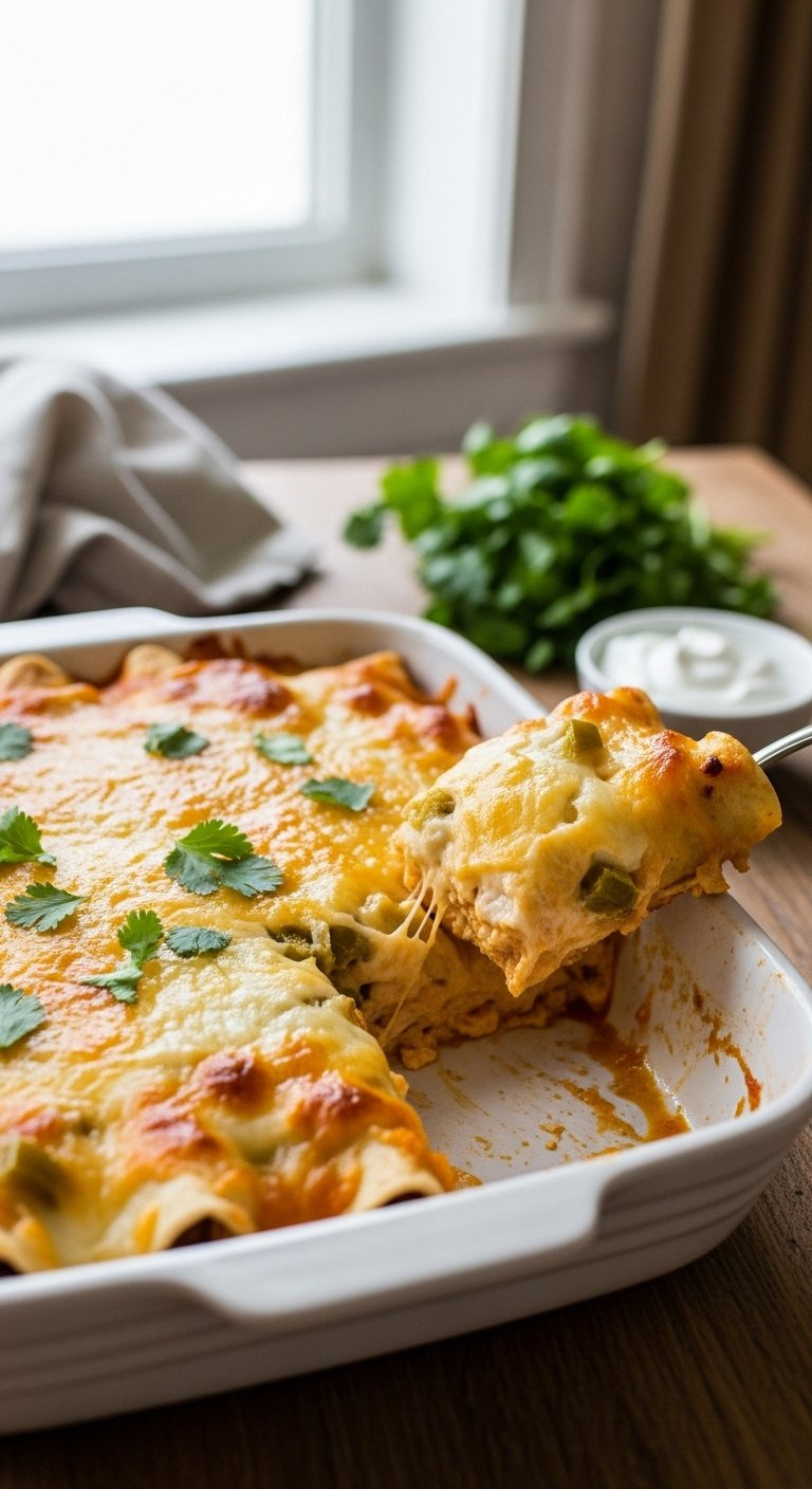 Bubbling White Chicken Enchiladas With Melted Monterey Jack Cheese And Cilantro Served On A Rustic Wooden Table.