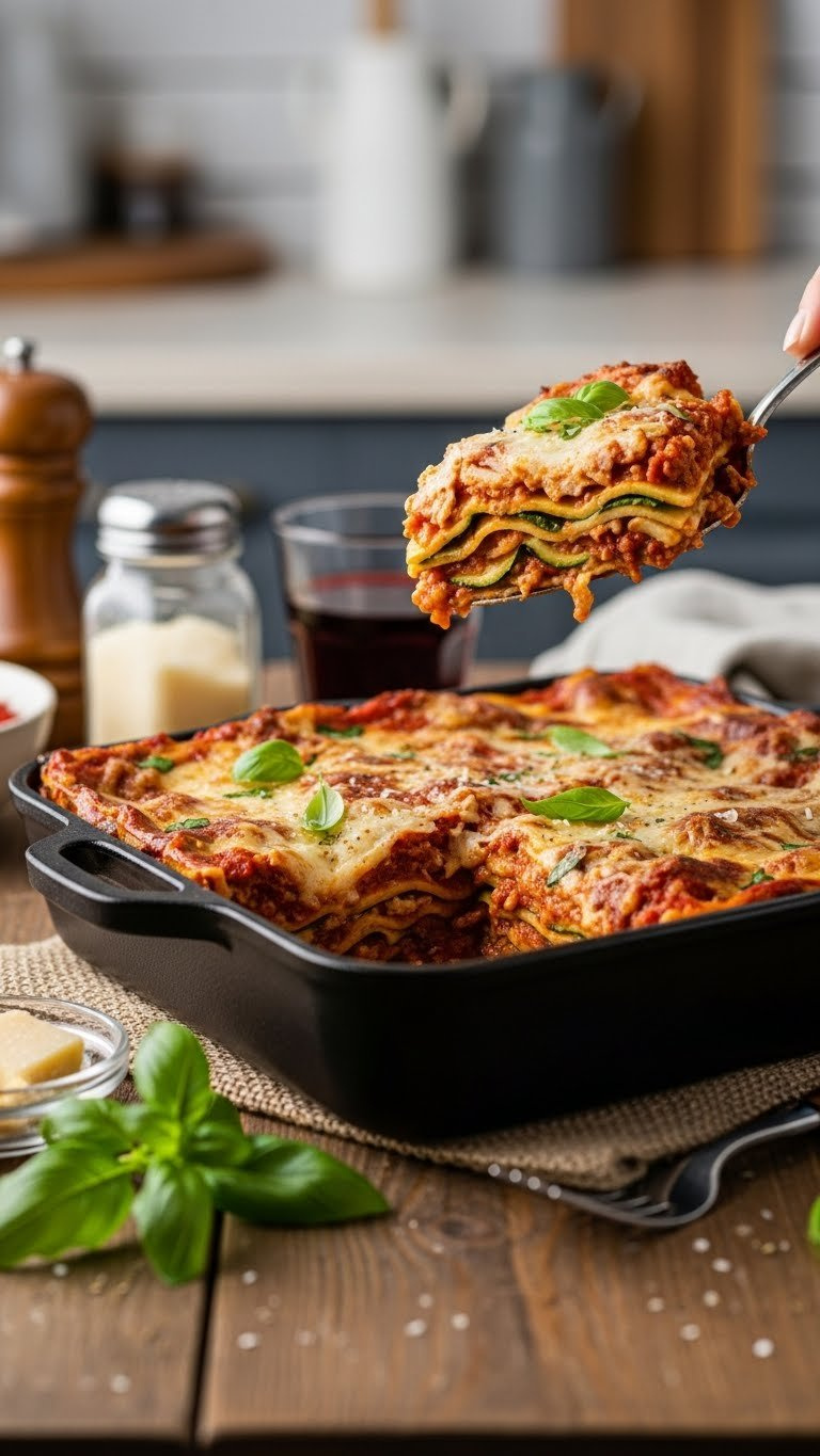 Bubbling Zucchini Noodle Lasagna With Melted Cheese And Herbs In Cast Iron Pan On Wooden Table