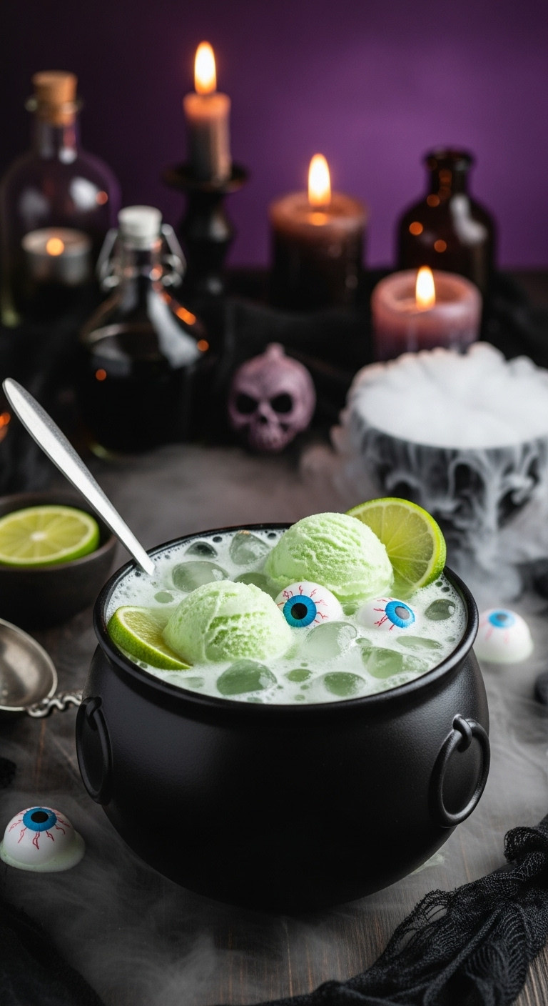 Bubbly Witches Brew In A Black Cauldron Punch Bowl With Pale Green Liquid Lime Sherbet And Spooky Eyeballs Perfect For Recipes