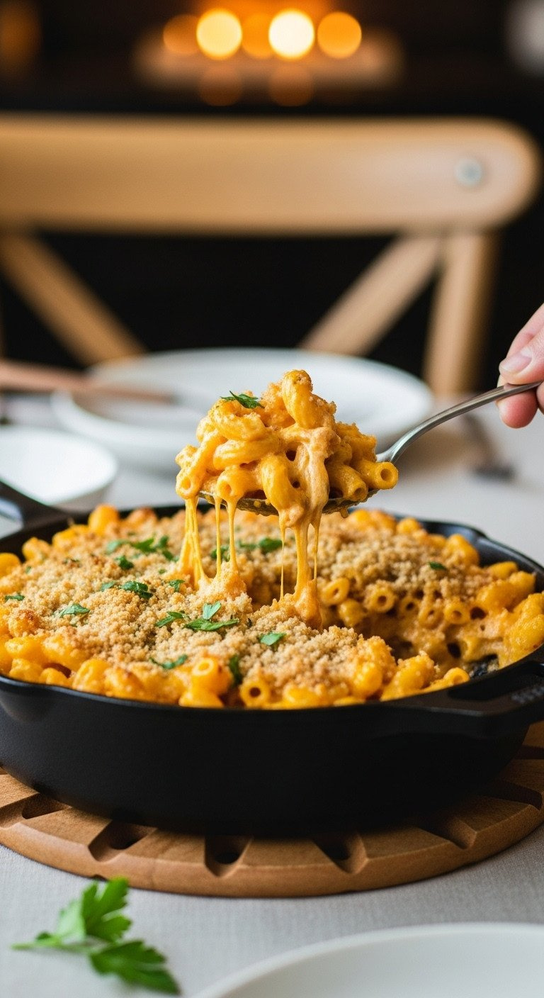 Bubbly Baked Butternut Squash Mac And Cheese With Crispy Breadcrumbs In A Cast-Iron Skillet. Cozy Fall Comfort Food Recipe.