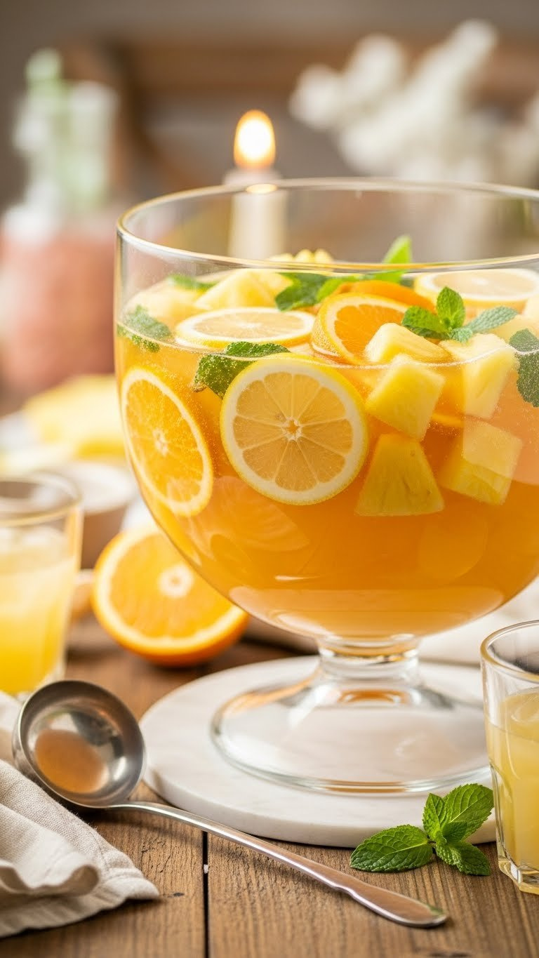 Bubbly Ginger Ale Sunshine Punch In Vintage Glass Bowl With Lemon Slices And Orange Segments On Rustic Wooden Table