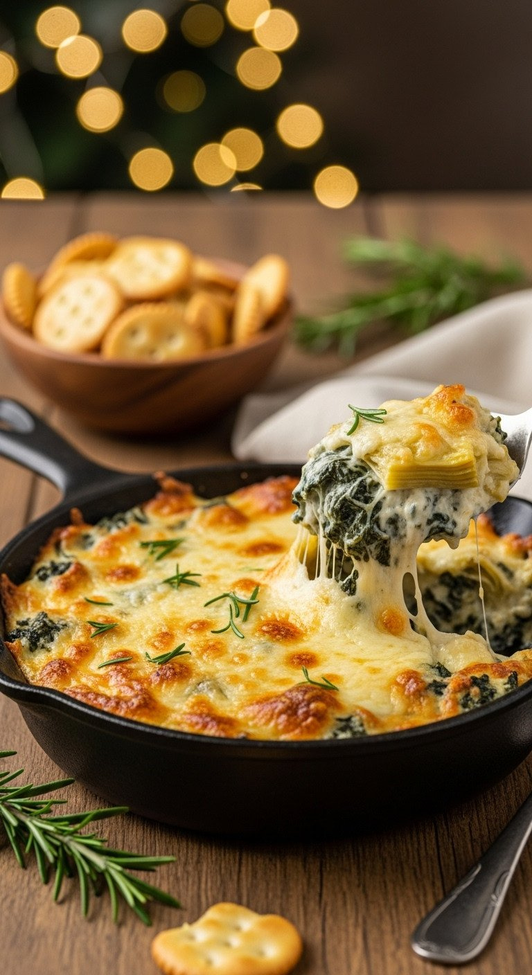 Bubbly Golden-Brown Spinach Artichoke Dip, Hot From Oven, In A Black Cast-Iron Skillet On Rustic Wood With Crackers &Amp; Rosemary. Perfect Party Appetizer Recipe.