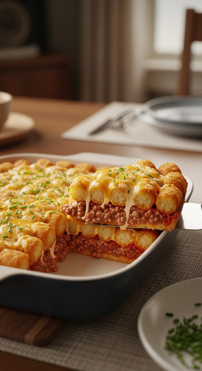 Bubbly Golden Brown Tater Tot Casserole With Creamy Ground Beef Filling And Melted Cheese Topping With Chives