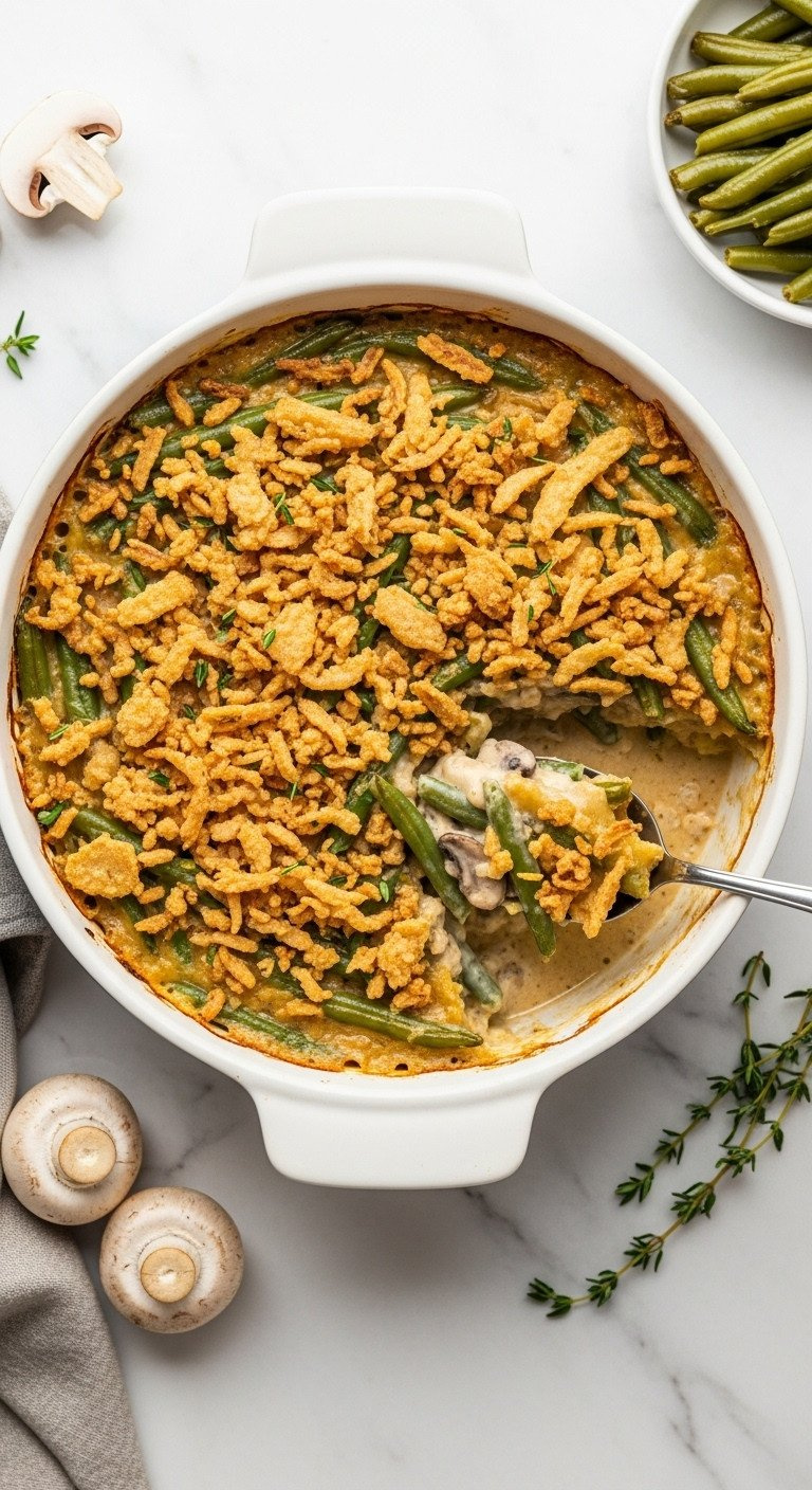 Bubbly Green Bean Casserole With Crispy Fried Onions In A White Dish, Creamy Interior Visible, With Fresh Herbs On Marble.