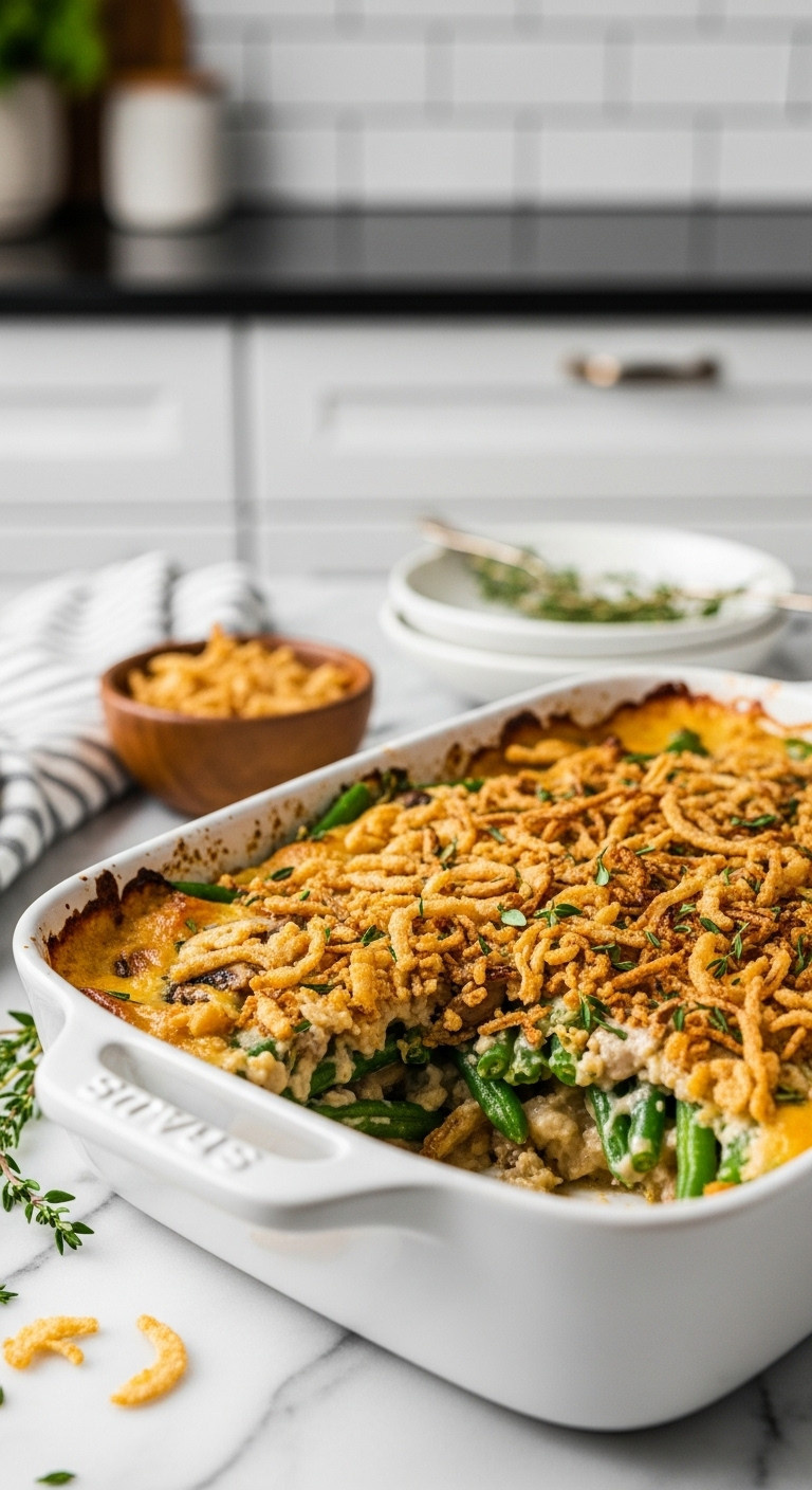 Bubbly Green Bean Casserole With Crispy Fried Shallots, Creamy Mushroom Sauce. Elegant Thanksgiving Side.