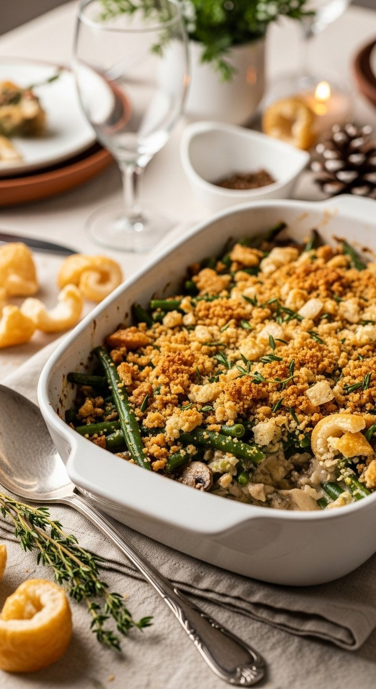 Bubbly Low-Carb Green Bean Casserole With Creamy Mushroom Sauce, Pork Rind Topping, In White Dish On Festive Holiday Table.