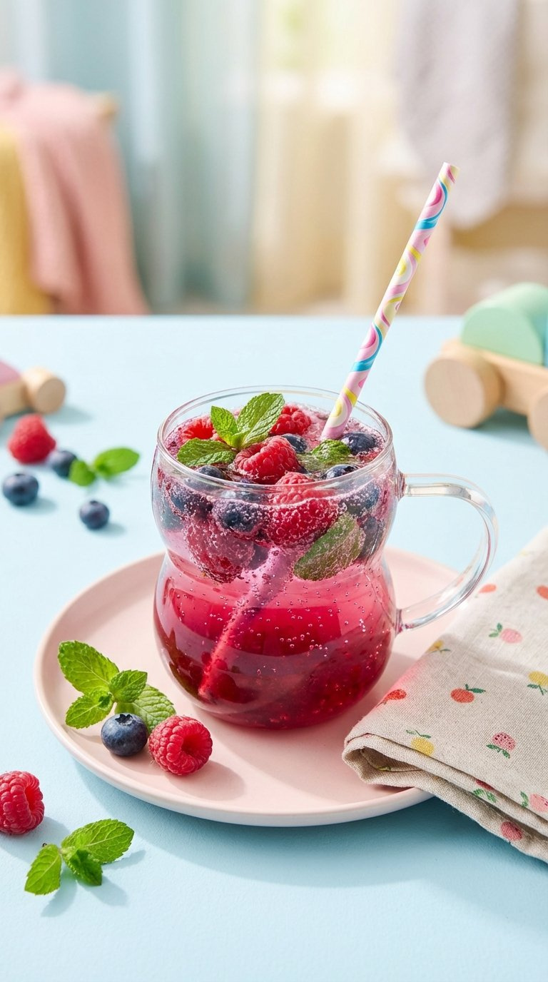 Bubbly Magenta Berry Burst Soda In Whimsical Cup With Floating Berries And Mint Leaves On Pastel Backdrop