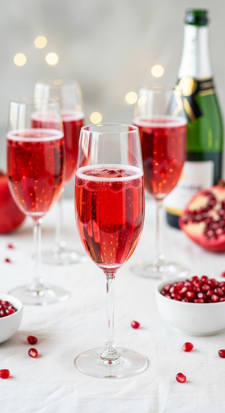 Bubbly Pomegranate Punch In Champagne Flutes With Arils, Seeds, Sparkling Cider Bottle On White Tablecloth.